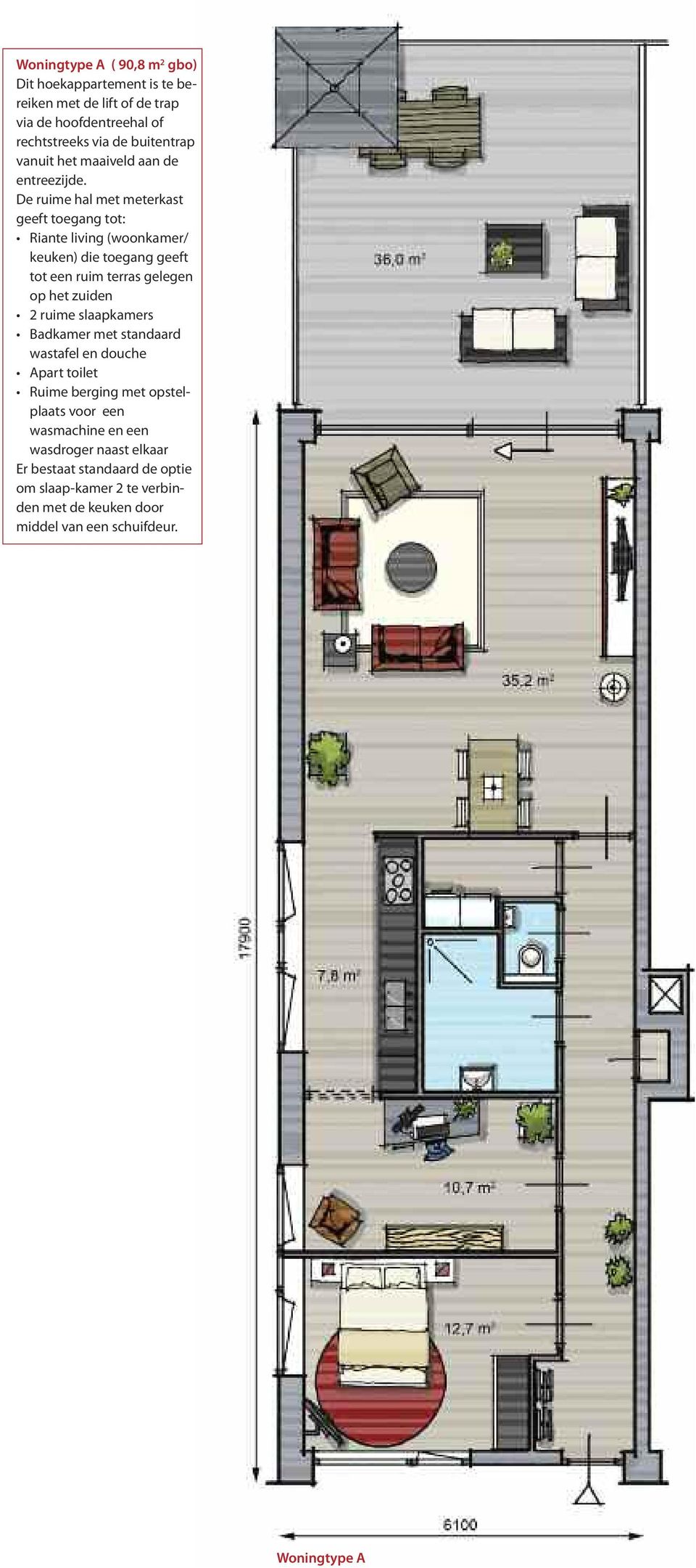 De ruime hal met meterkast geeft toegang tot: Riante living (woonkamer/ keuken) die toegang geeft tot een ruim terras gelegen op het zuiden 2 ruime