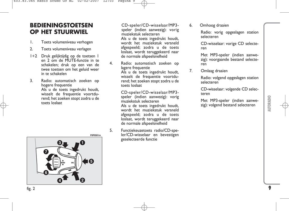 Radio: automatisch zoeken op hogere frequentie Als u de toets ingedrukt houdt, wisselt de frequentie voortdurend; het zoeken stopt zodra u de toets loslaat F0P0501m CD-speler/CD-wisselaar/MP3- speler