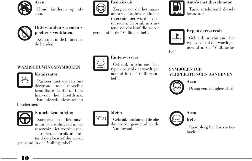 Stuurbekrachtiging Zorg ervoor dat het maximum vloeistofniveau in het reservoir niet wordt overschreden. Gebruik uitsluitend de vloeistof die wordt genoemd in de Vullingstabel.