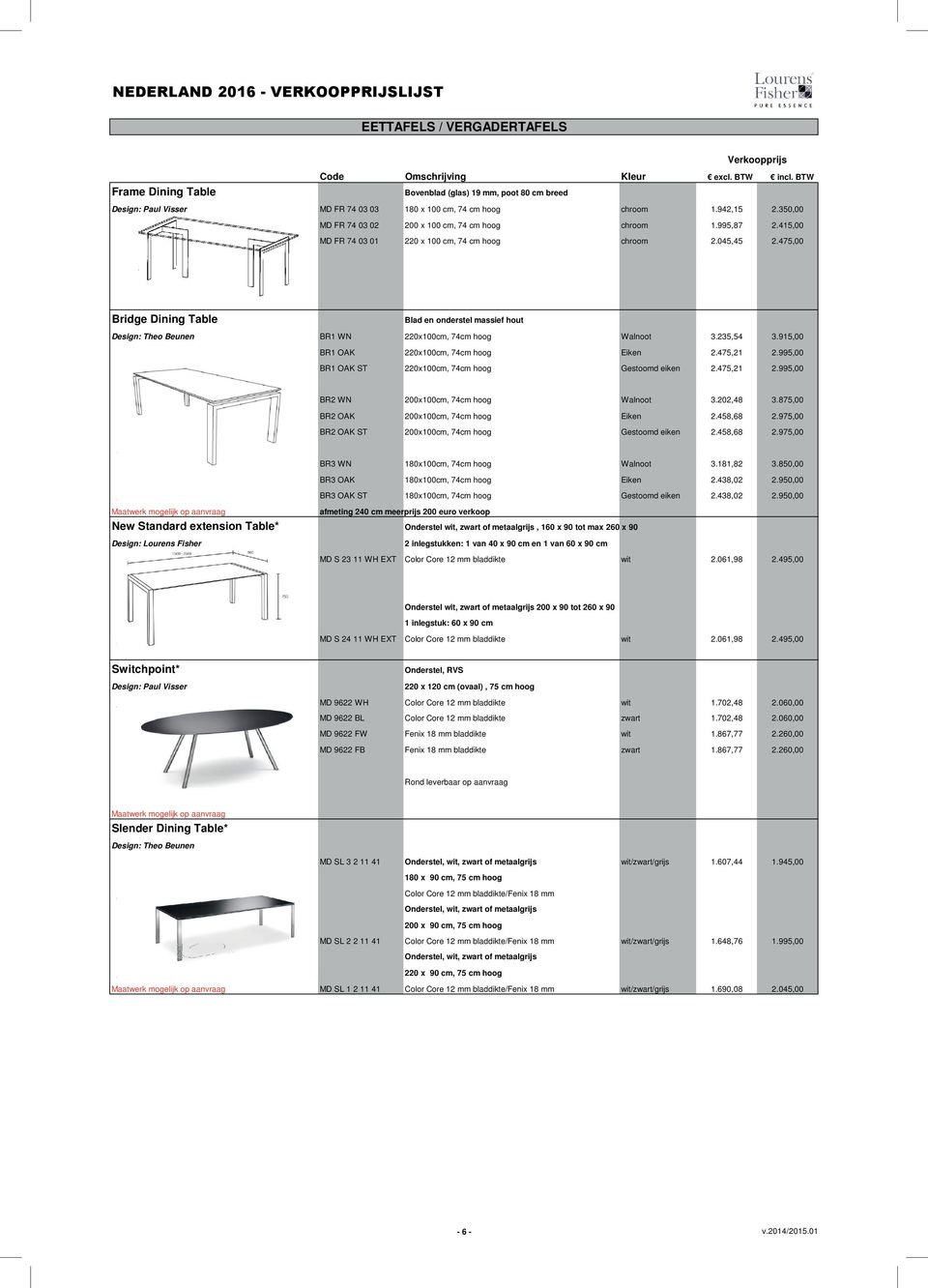 475,00 Bridge Dining Table Blad en onderstel massief hout Design: Theo Beunen BR1 WN 220x100cm, 74cm hoog Walnoot 3.235,54 3.915,00 BR1 OAK 220x100cm, 74cm hoog Eiken 2.475,21 2.