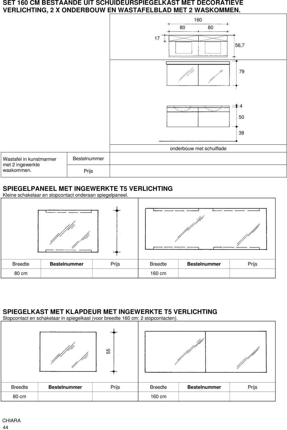 SPIEGELPANEEL MET INGEWERKTE T5 VERLICHTING Kleine schakelaar en stopcontact onderaan spiegelpaneel.