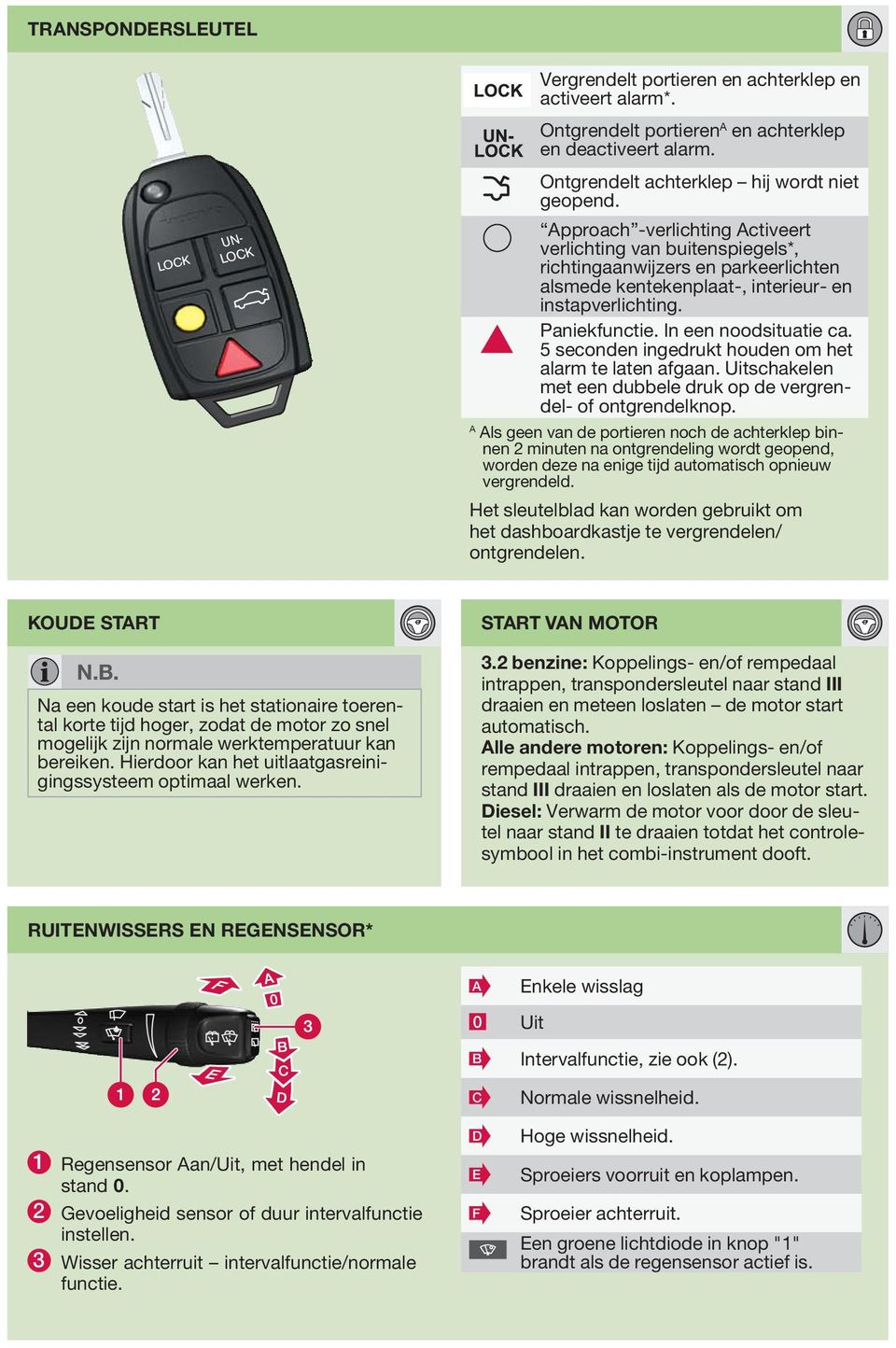 5 seconden ingedrukt houden om het alarm te laten afgaan. Uitschakelen met een dubbele druk op de vergrendel- of ontgrendelknop.