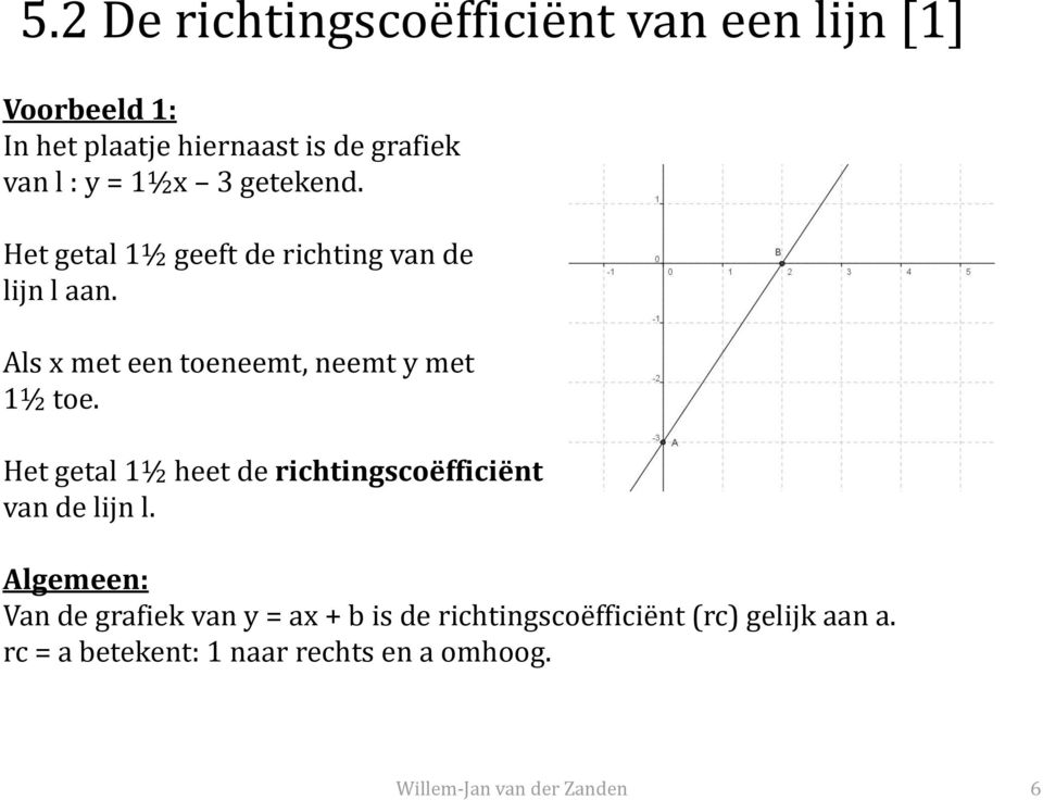 Als x met een toeneemt, neemt y met 1½ toe. Het getal 1½ heet de richtingscoëfficiënt van de lijn l.