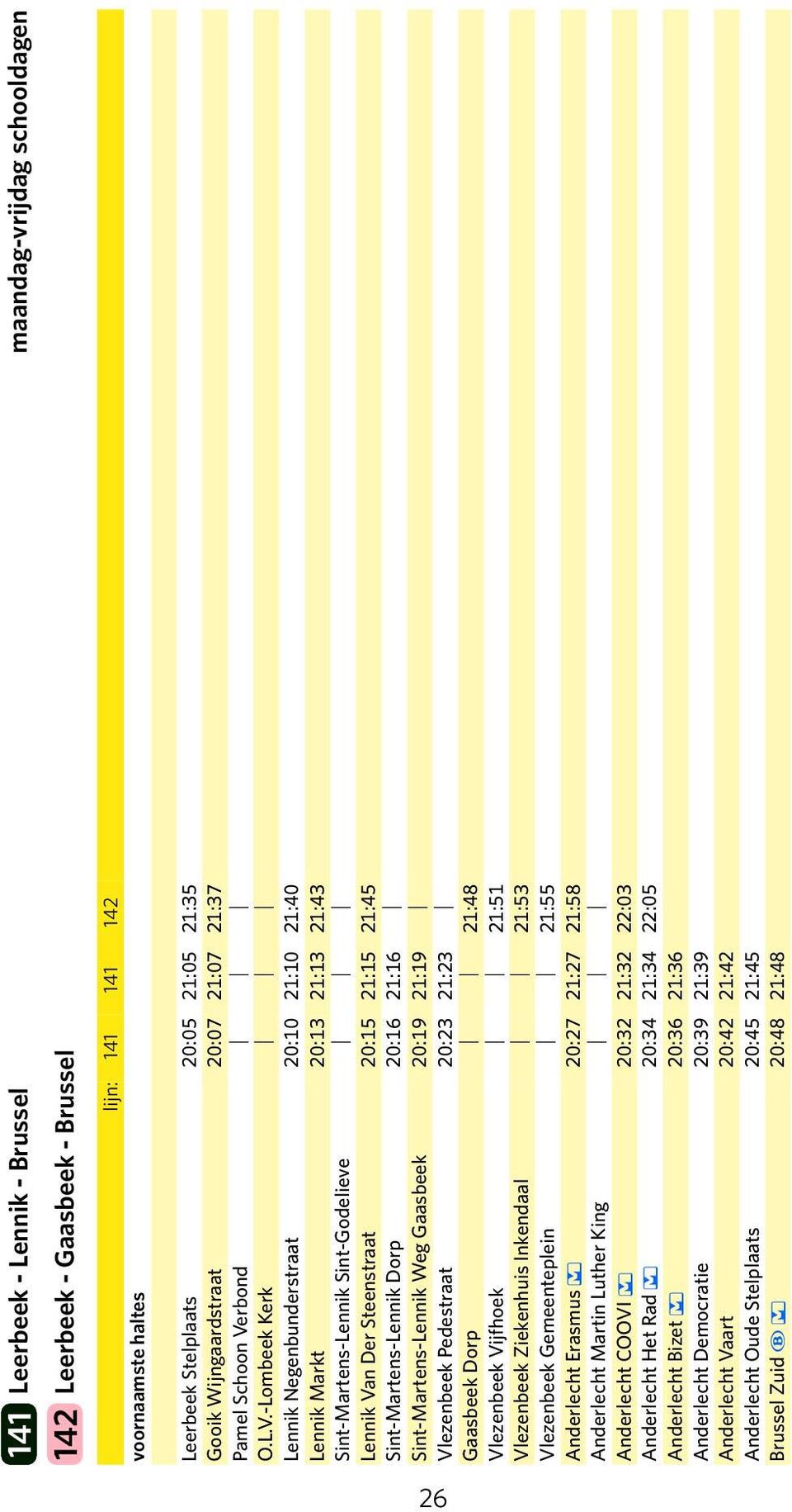 -Lombeek Kerk Lennik Negenbunderstraat 20:10 21:10 21:40 Lennik Markt 20:13 21:13 21:43 Sint-Martens-Lennik Sint-Godelieve Lennik Van Der Steenstraat 20:15 21:15 21:45 Sint-Martens-Lennik Dorp 20:16