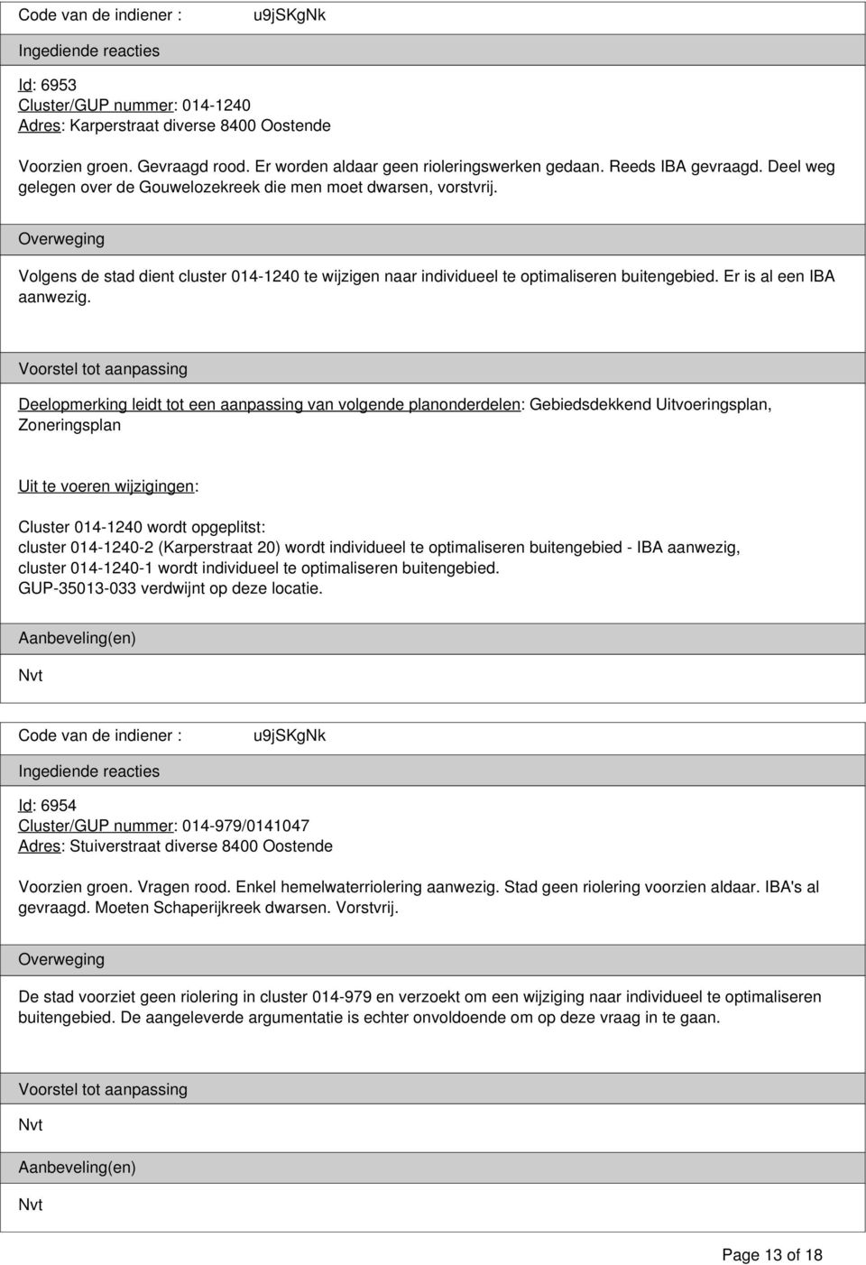 Deelopmerking leidt tot een aanpassing van volgende planonderdelen: Gebiedsdekkend Uitvoeringsplan, Zoneringsplan Cluster 014-1240 wordt opgeplitst: cluster 014-1240-2 (Karperstraat 20) wordt