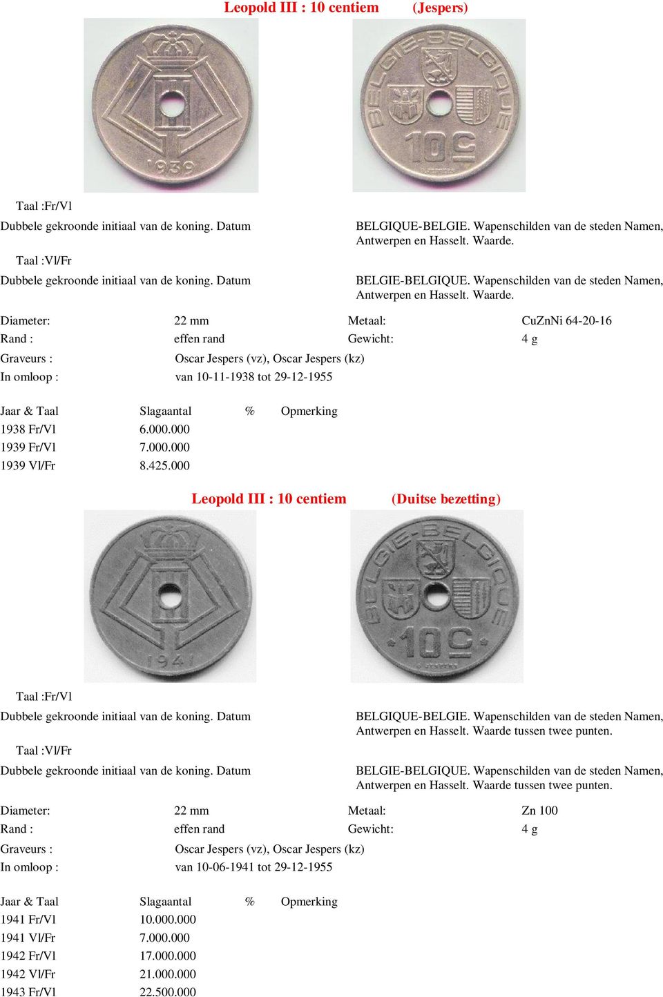 Diameter: 22 mm Metaal: CuZnNi 64-20-16 Rand : effen rand Gewicht: 4 g In omloop : van 10-11-1938 tot 29-12-1955 1938 Fr/Vl 6.000.000 1939 Fr/Vl 7.000.000 1939 Vl/Fr 8.425.