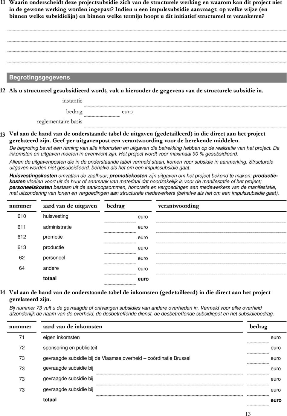 Begrotingsgegevens 12 Als u structureel gesubsidieerd wordt, vult u hieronder de gegevens van de structurele subsidie in.