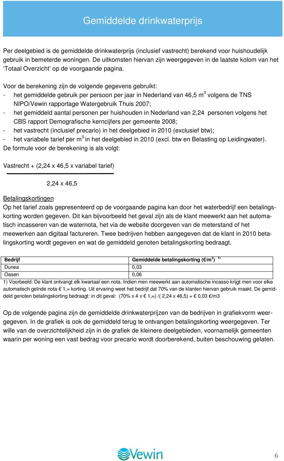 Voor de berekening zijn de volgende gegevens gebruikt: - het gemiddelde gebruik per persoon per jaar in Nederland van 46,5 m 3 volgens de TNS NIPO/Vewin rapportage Watergebruik Thuis 2007; - het