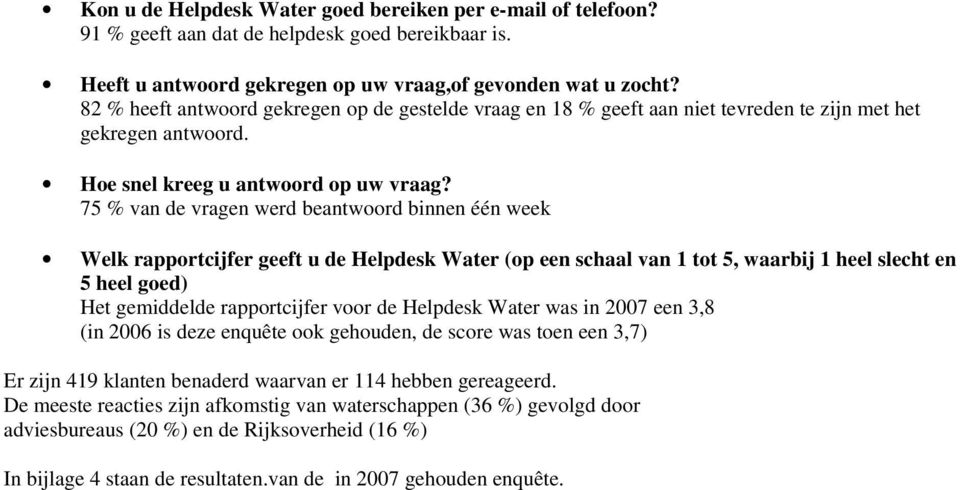75 % van de vragen werd beantwoord binnen één week Welk rapportcijfer geeft u de Helpdesk Water (op een schaal van 1 tot 5, waarbij 1 heel slecht en 5 heel goed) Het gemiddelde rapportcijfer voor de