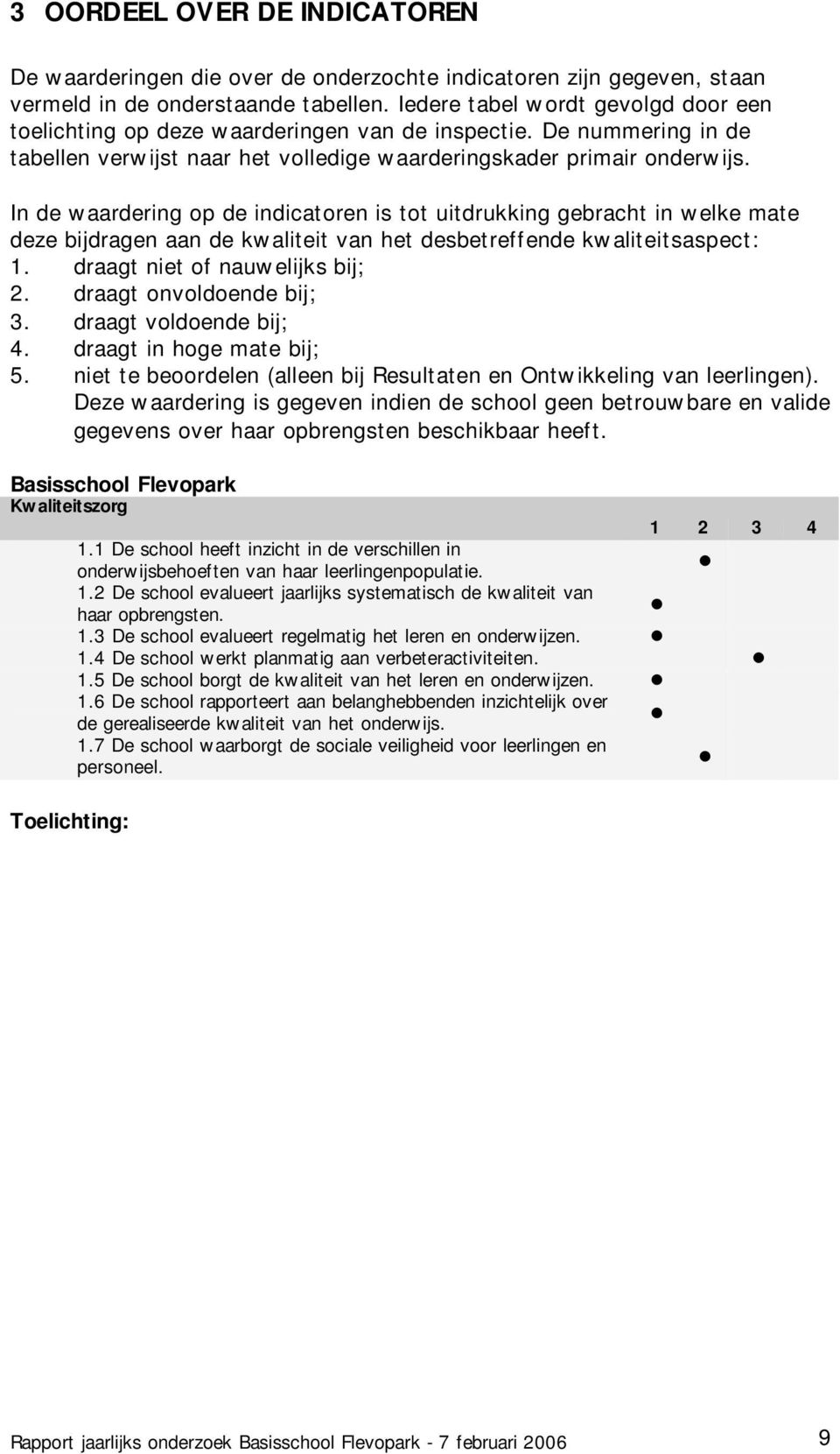 In de waardering op de indicatoren is tot uitdrukking gebracht in welke mate deze bijdragen aan de kwaliteit van het desbetreffende kwaliteitsaspect: 1. draagt niet of nauwelijks bij; 2.