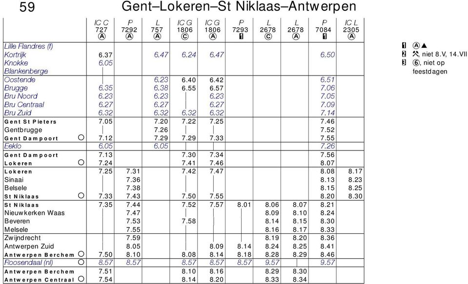 52 Gent Dampoort O 7.12 7.29 7.29 7.33 7.55 Eeko 6.05 6.05 7.26 Gent Dampoort 7.13 7.30 7.34 7.56 okeren O 7.24 7.41 7.46 8.07 okeren 7.25 7.31 7.42 7.47 8.08 8.17 Sinaai 7.36 8.13 8.23 Besee 7.38 8.