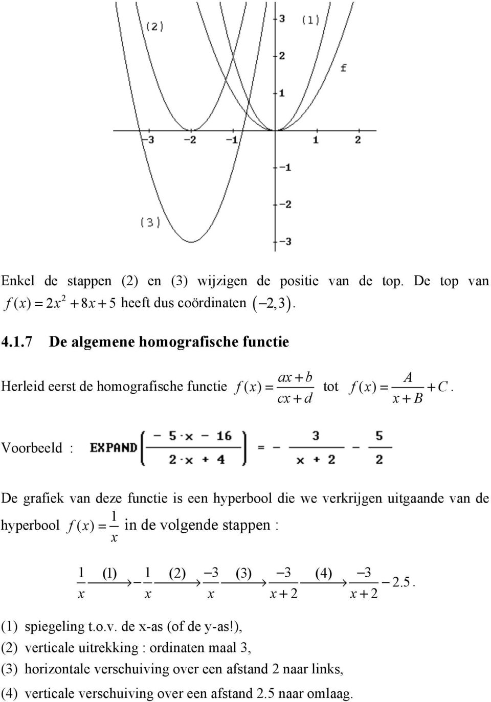 Voorbeeld : De grafiek van deze functie is een hyperbool die we verkrijgen uitgaande van de 1 hyperbool f( x) = in de volgende stappen : x 1 (1) 1 () 3 (3)