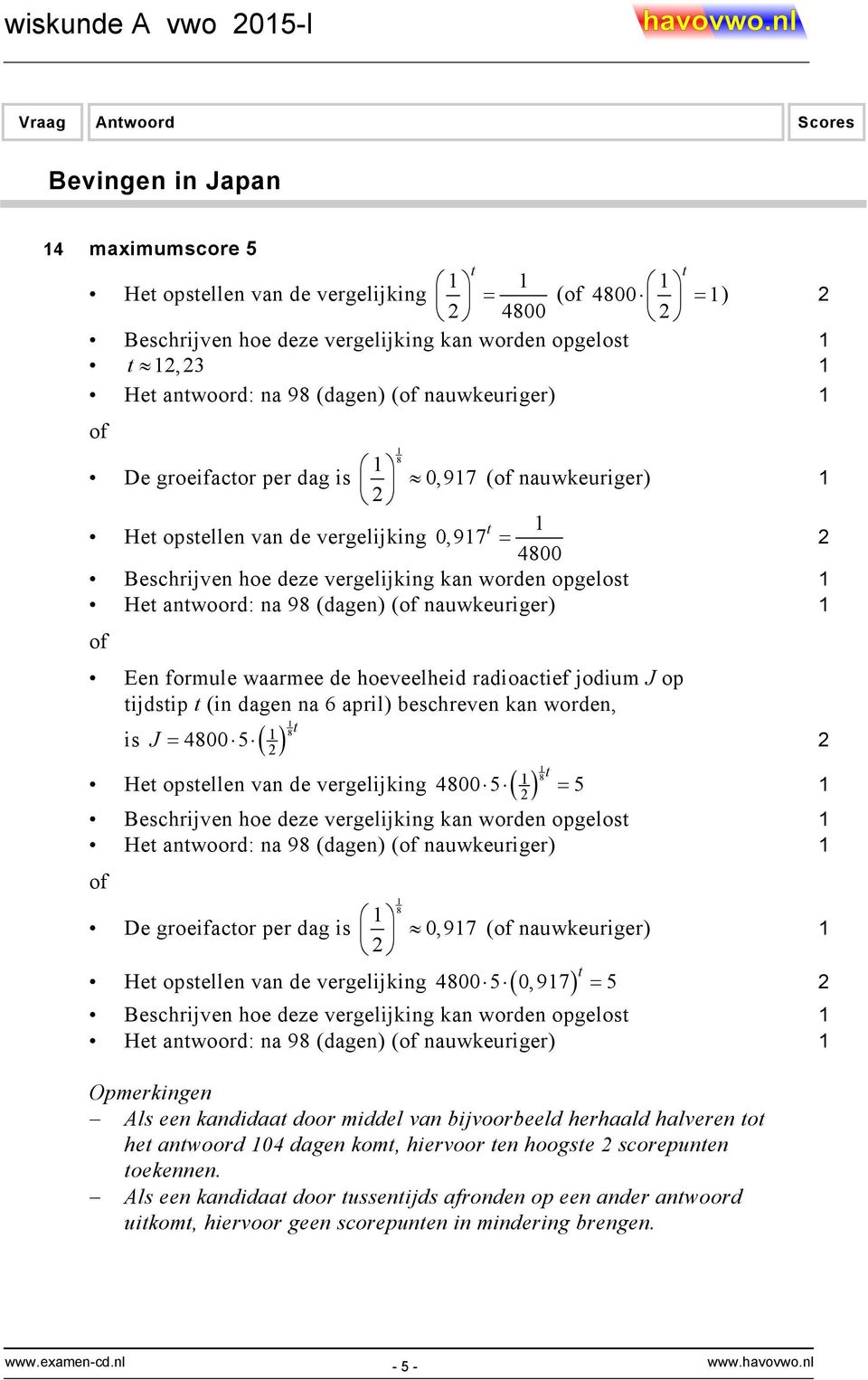 nauwkeuriger) Een formule waarmee de hoeveelheid radioacief jodium J op ijdsip (in dagen na 6 april) beschreven kan worden, is ( ) 8 J = 4800 5 He opsellen van de vergelijking ( ) 8 4800 5 = 5