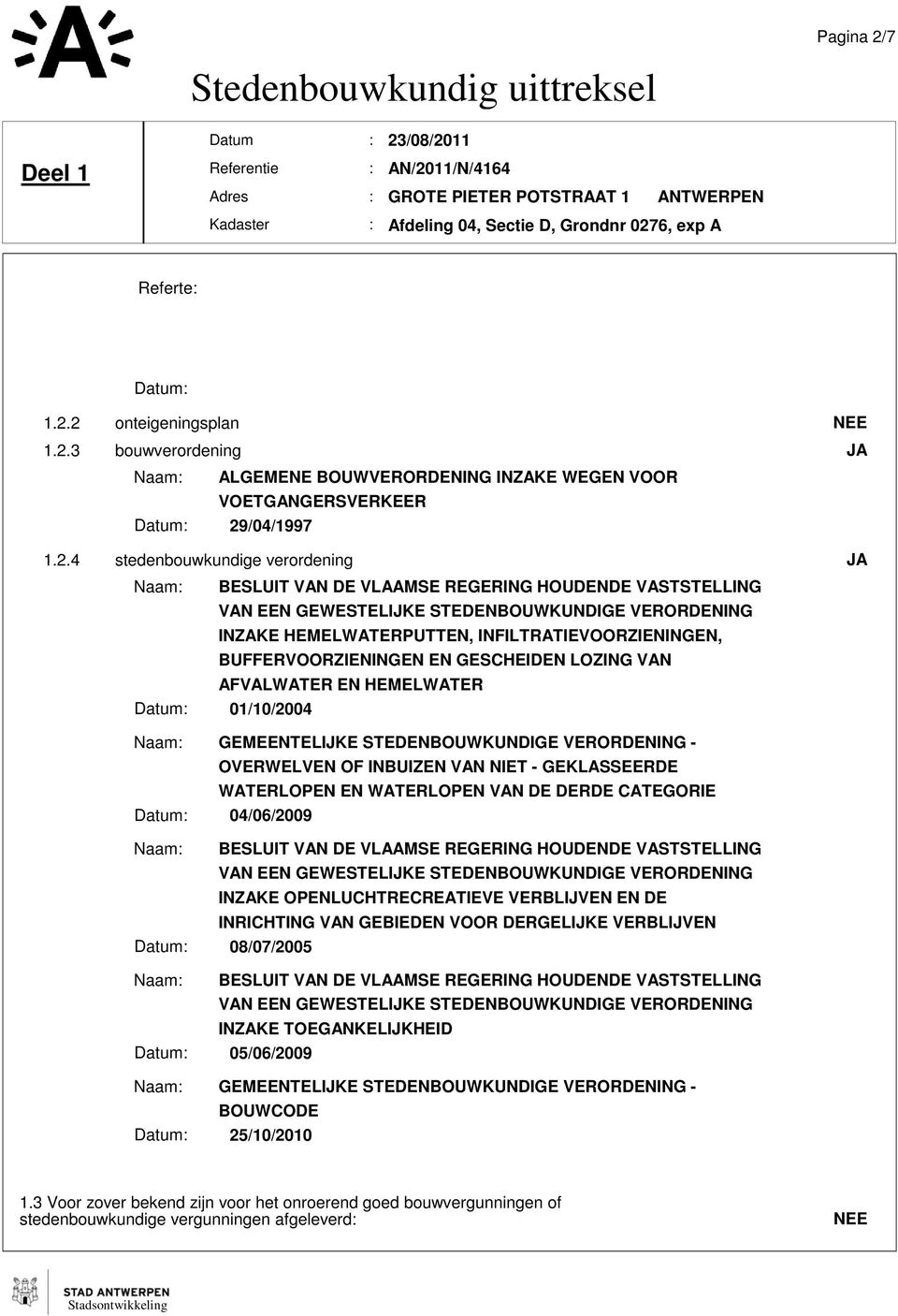 2 1.2.3 1.2.4 onteigeningsplan bouwverordening Naam ALGEMENE BOUWVERORDENING INZAKE WEGEN VOOR VOETGANGERSVERKEER 29/04/1997 stedenbouwkundige verordening Naam BESLUIT VAN DE VLAAMSE REGERING