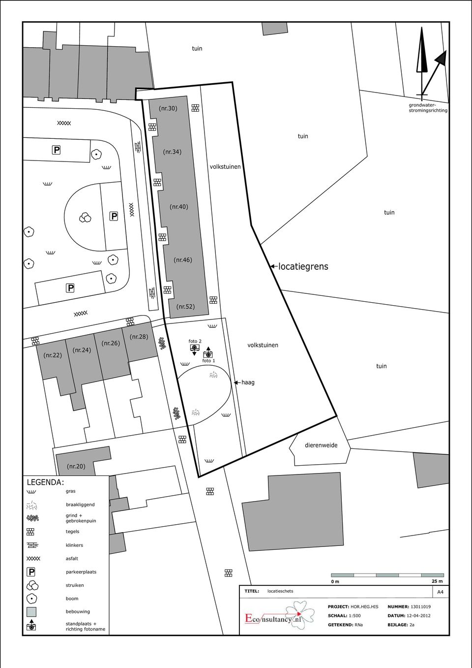 20) gras braakliggend grind + gebrokenpuin tegels klinkers asfalt P parkeerplaats struiken boom TITEL: locatieschets 0