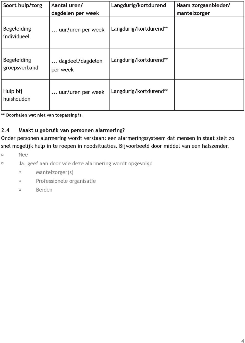 .. uur/uren per week Langdurig/kortdurend** ** Doorhalen wat niet van toepassing is. 2.4 Maakt u gebruik van personen alarmering?