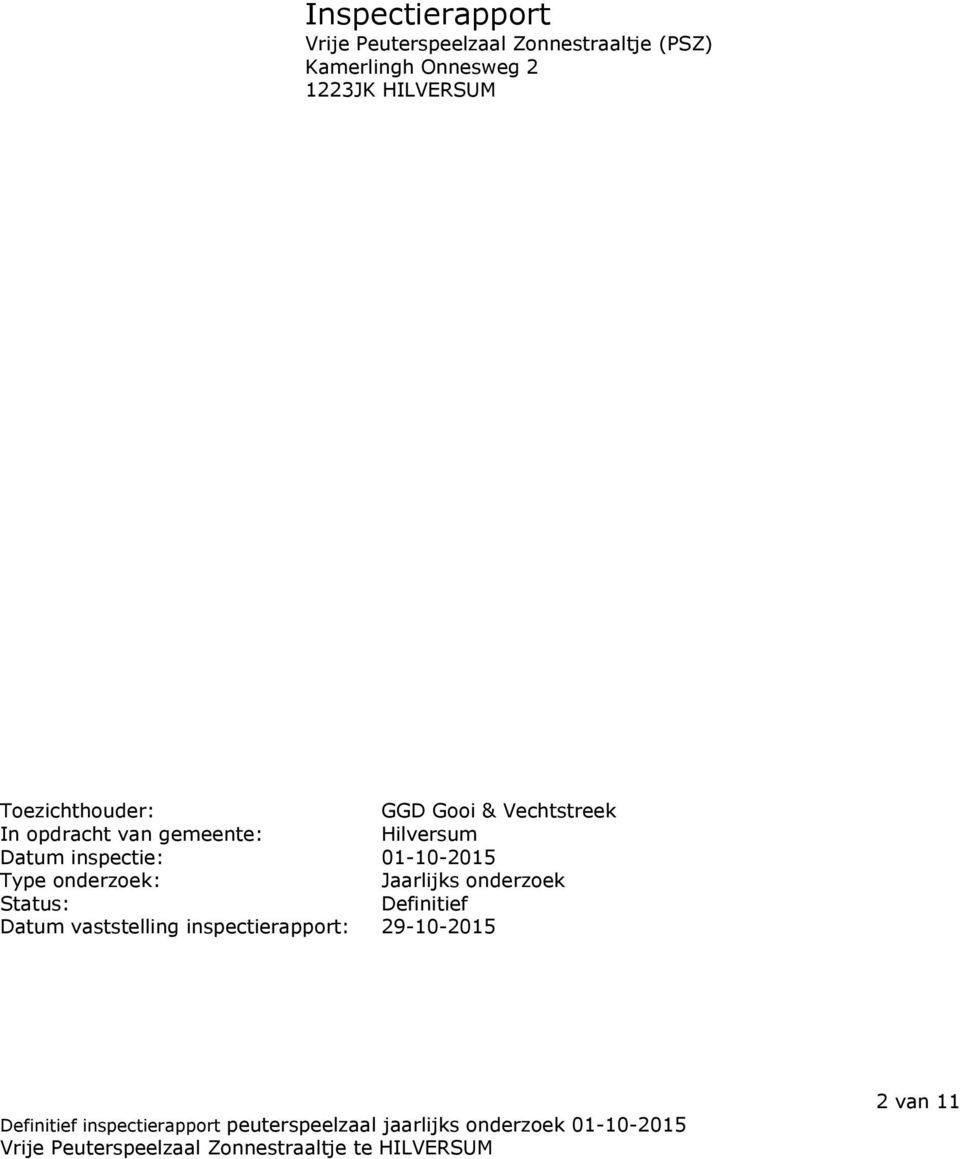 van gemeente: Hilversum Datum inspectie: 01-10-2015 Type onderzoek : Jaarlijks