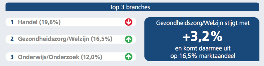 7. Grootste branches Ondanks een krimp van iets meer dan een procent in marktaandeel blijft Handel (19,6%) de grootste branche in Nederland.