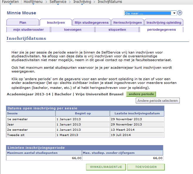 Indien je kiest voor academiejaar 2013-2014, zie je de