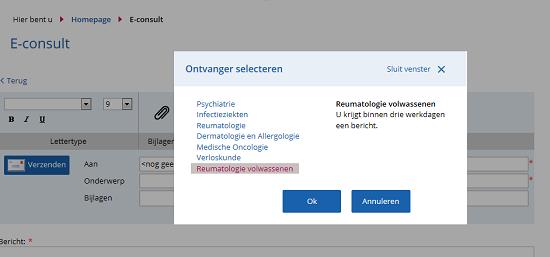 Stap 3: Er komt een scherm in beeld, waarin u kunt selecteren voor welk specialisme het e- consult bedoeld is. Klik vervolgens op Ok. Stap 4: Typ vervolgens het bericht en klik op verzenden.