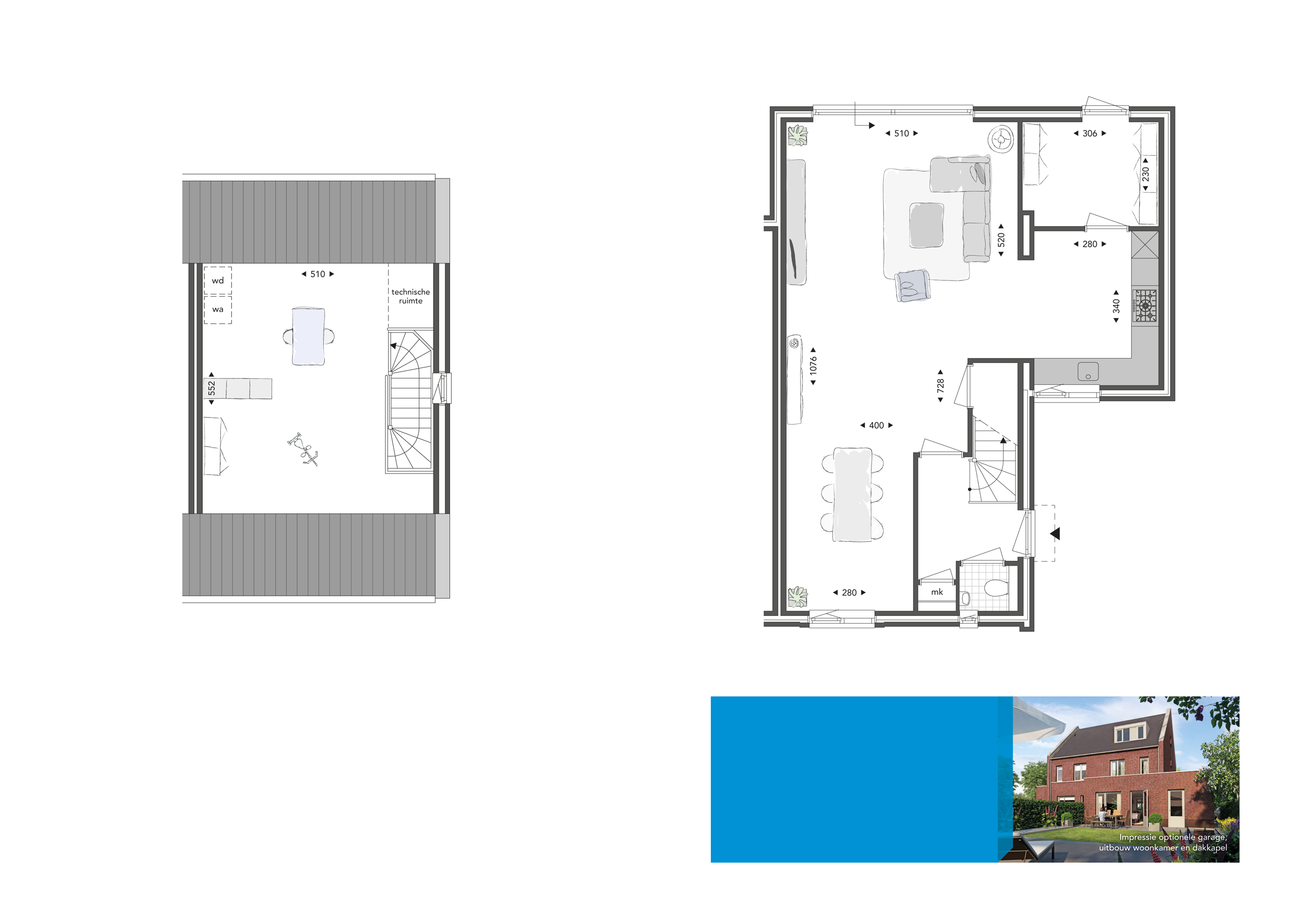 2 onder 1 kapwoningen, tweede verdieping 2 onder 1 kapwoningen, optieplattegrond Uitbouw achterzijde woonkamer 2.