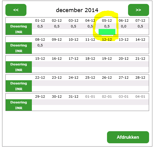 Aan het groene vakje kunt u zien dat u op 05-12-2014 een nieuwe INR moet doorgeven.