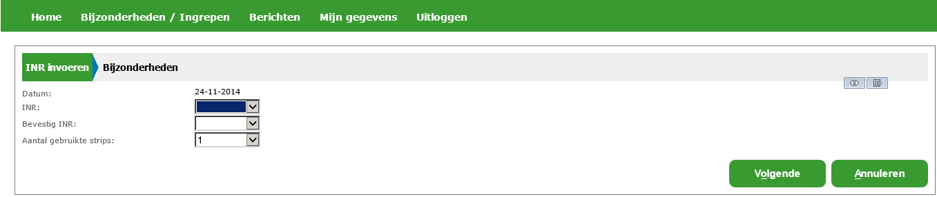 In het blok linksboven kunt u een nieuwe INR invoeren en ziet u de datum voor de volgende INR meting. Daaronder staat uw controle afspraak bij de trombosedienst. 4.