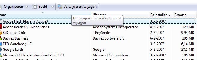 U klikt op het te verwijderen programma en daarna op Verwijderen /wijzigen Verwijderen/wijzigen