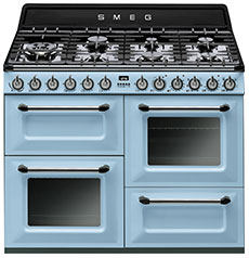 TR4110AZ Nieuw Kookcentrum "", 110 x 60 cm, 2 ovens + grill, gaskookplaat met 7 branders, pastelblauw Energieklasse ovens A EAN13: 8017709184278 Gaskookplaat:7 branders waaronder: Vooraan rechts: