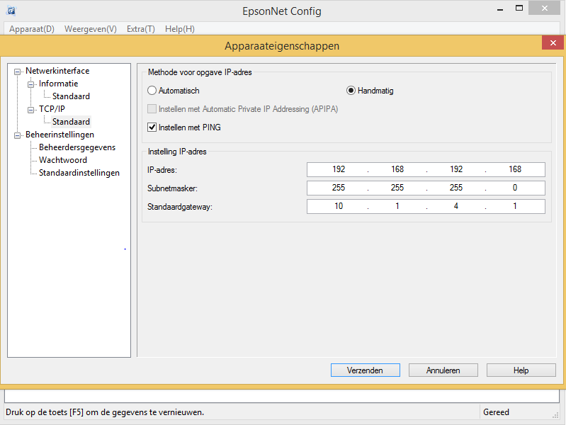 Download het programma EpsonNet Config met de onderstaande link. Op de downloadpagina kunt u naar het einde van de pagina scrollen. Daar vinkt u Accept aan en klikt u op Download.