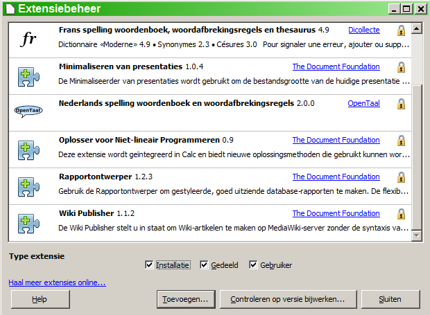 Volg deze stappen om een extensie te installeren: 1) Download een extensiepakket en sla dat ergens op uw computer op. 2) Kies in LibreOffice Extra > Extensiebeheer van de menubalk.