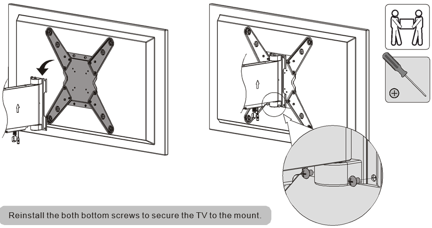 6. De TV op de wandbeugel haken Plaats de onderste schroeven terug om de TV