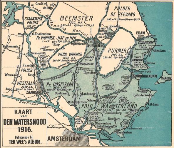 Er vielen in Noord-Holland 19 doden, waarvan 16 op Marken. Ook de regio rondom de Twiskemolen (Waterland) overstroomde.