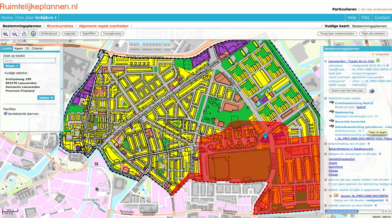 screenshot van het bestemmingsplan op ruimtelijkeplannen.nl het gebouw valt binnen de geluidzone industrielawaai.