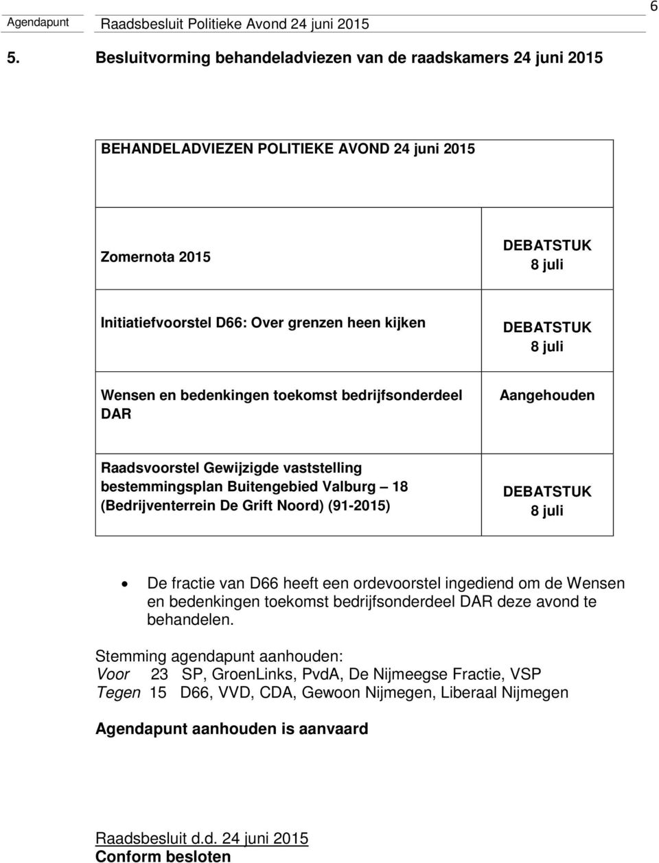 (Bedrijventerrein De Grift Noord) (91-2015) DEBATSTUK 8 juli De fractie van D66 heeft een ordevoorstel ingediend om de Wensen en bedenkingen toekomst bedrijfsonderdeel DAR deze avond te