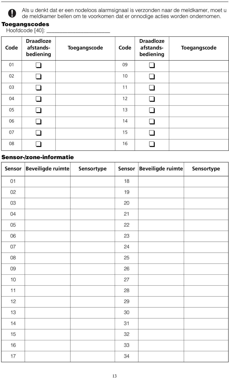 Toegangscodes Hoofdcode [40]: Code Draadloze afstandsbediening Toegangscode Code Draadloze afstandsbediening Toegangscode 01 09 02