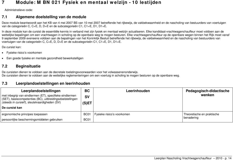 van de categorieën C, C+E, D, D+E en de subcategorieën C1, C1+E, D1, D1+E. In deze module kan de cursist de essentiële kennis in verband met zijn fysiek en mentaal welzijn actualiseren.