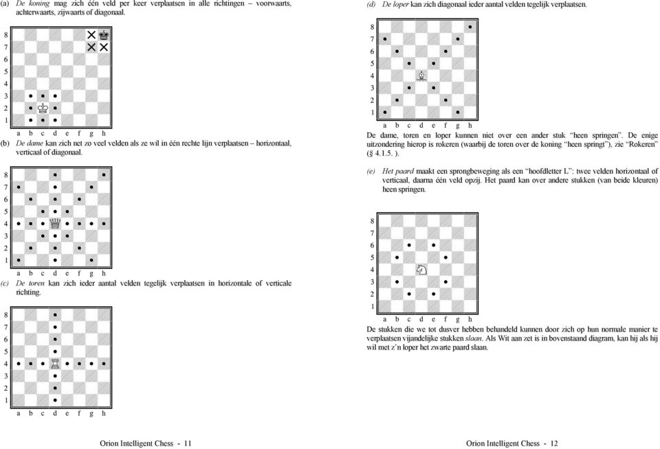 (c) De toren kan zich ieder aantal velden tegelijk verplaatsen in horizontale of verticale richting. (d) De loper kan zich diagonaal ieder aantal velden tegelijk verplaatsen.