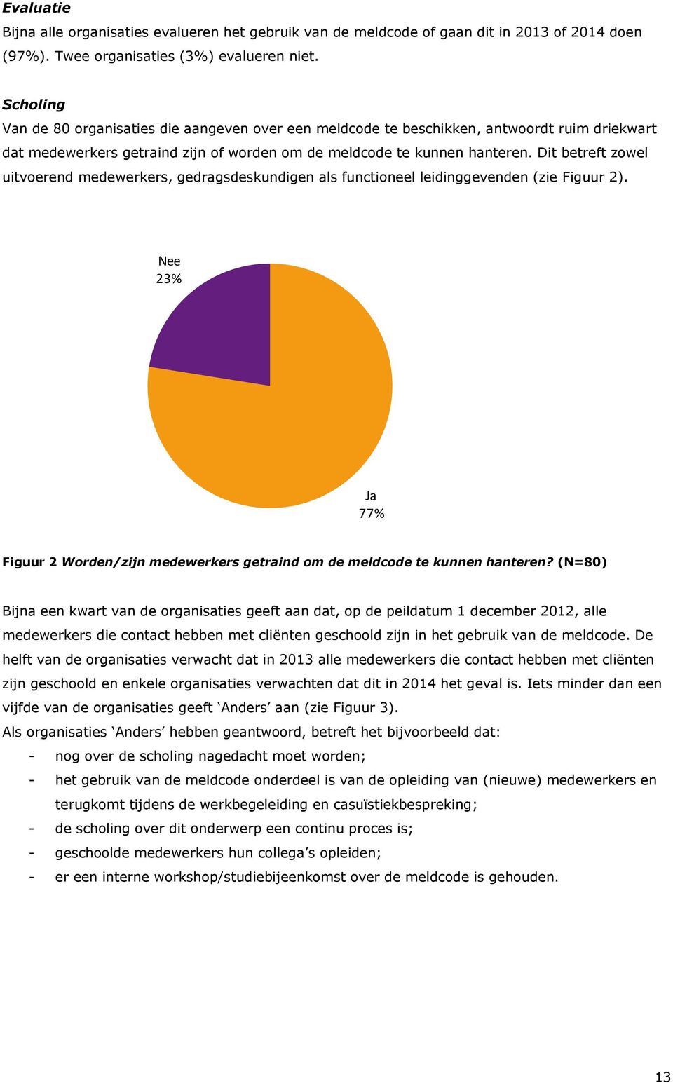 Dit betreft zowel uitvoerend medewerkers, gedragsdeskundigen als functioneel leidinggevenden (zie Figuur 2). Nee 23% Ja 77% Figuur 2 Worden/zijn medewerkers getraind om de meldcode te kunnen hanteren?