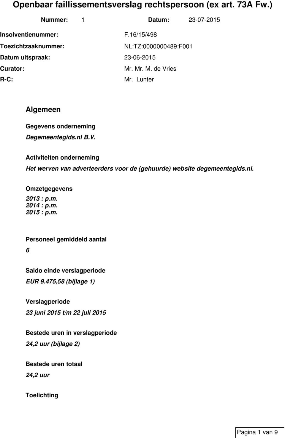 Activiteiten onderneming Het werven van adverteerders voor de (gehuurde) website degemeentegids.nl. Omzetgegevens 2013 : p.m. 2014 : p.m. 2015 : p.