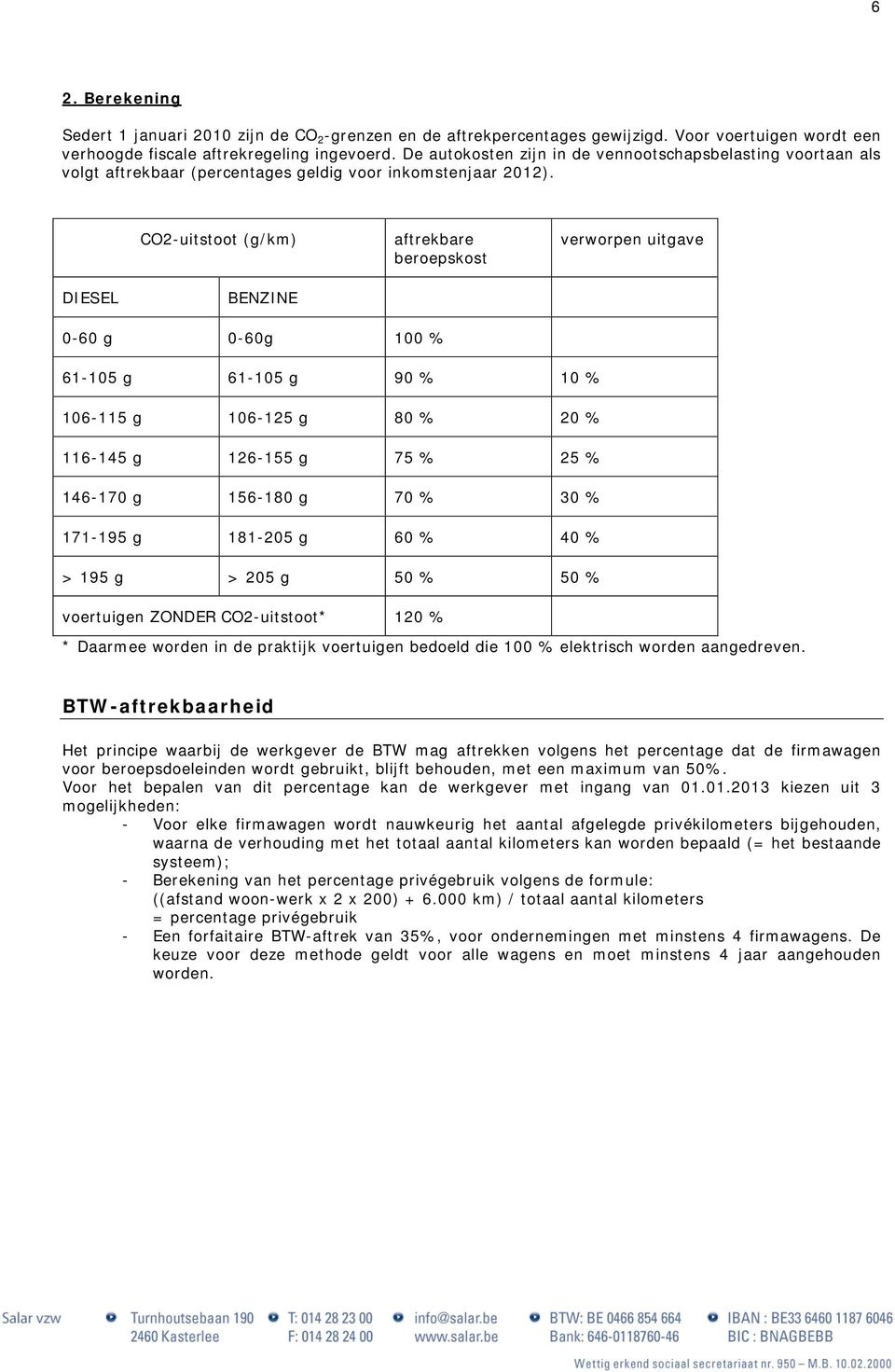 CO2-uitstt (g/km) aftrekbare berepskst verwrpen uitgave DIESEL BENZINE 0-60 g 0-60g 100 % 61-105 g 61-105 g 90 % 10 % 106-115 g 106-125 g 80 % 20 % 116-145 g 126-155 g 75 % 25 % 146-170 g 156-180 g