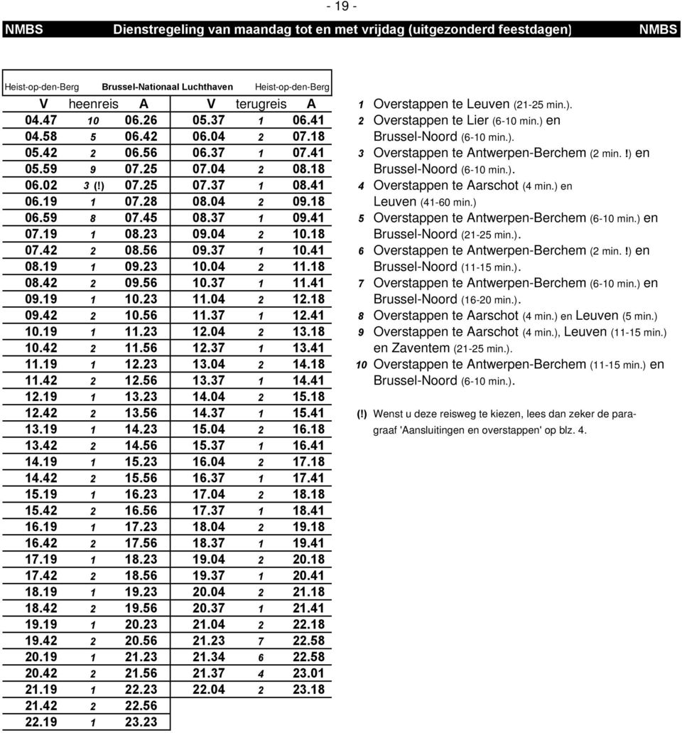 41 3 Overstappen te Antwerpen-Berchem (2 min.!) en 05.59 9 07.25 07.04 2 08.18 Brussel-Noord (6-10 min.). 06.02 3 (!) 07.25 07.37 1 08.41 4 Overstappen te Aarschot (4 min.) en 06.19 1 07.28 08.