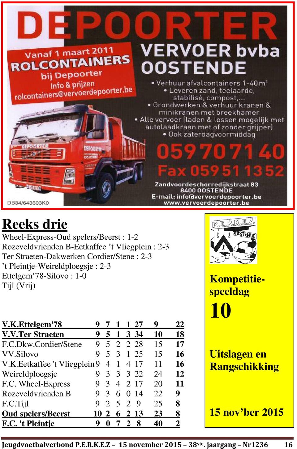 C. Wheel-Express 9 3 4 2 17 20 11 Rozeveldvrienden B 9 3 6 0 14 22 9 F.C.Tijl 9 2 5 2 9 25 8 Oud spelers/beerst 10 2 6 2 13 23 8 F.C. 't Pleintje 9 0 7 2 8 40 2 Kompetitiespeeldag 10 Uitslagen en Rangschikking 15 nov ber 2015 Jeugdvoetbalverbond P.