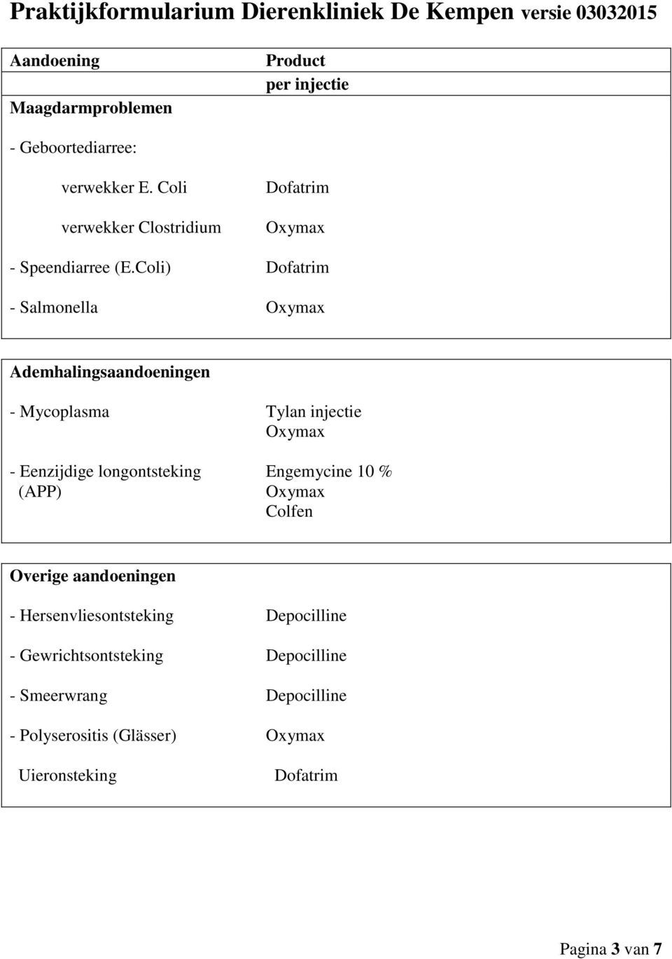 Coli) Dofatrim - Salmonella Oxymax Ademhalingsaandoeningen - Mycoplasma Tylan injectie Oxymax - Eenzijdige longontsteking Engemycine 10