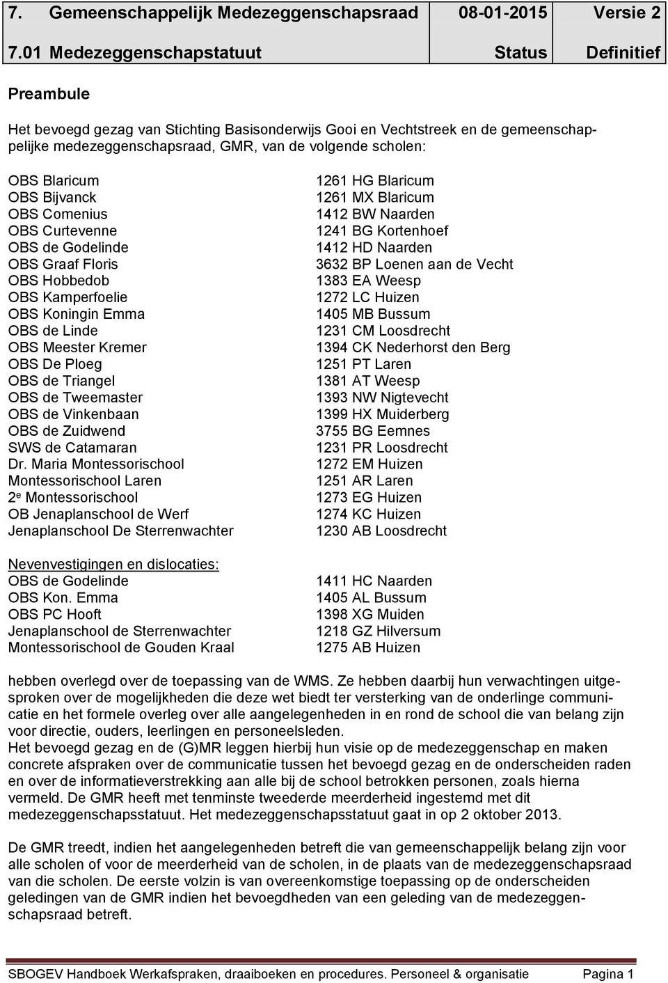 OBS Blaricum 1261 HG Blaricum OBS Bijvanck 1261 MX Blaricum OBS Comenius 1412 BW Naarden OBS Curtevenne 1241 BG Kortenhoef OBS de Godelinde 1412 HD Naarden OBS Graaf Floris 3632 BP Loenen aan de