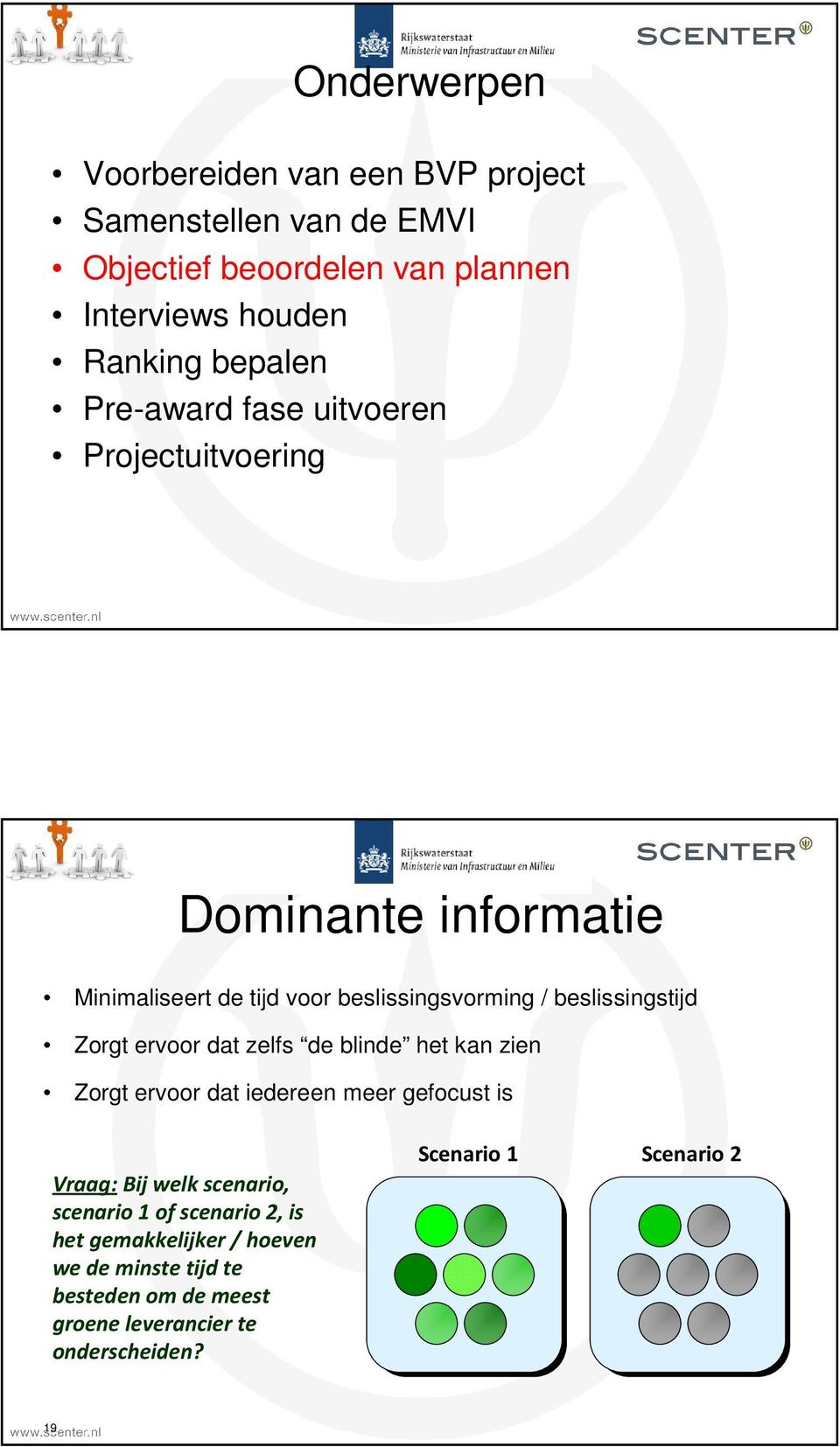 beslissingstijd Zorgt ervoor dat zelfs de blinde het kan zien Zorgt ervoor dat iedereen meer gefocust is Vraag:Bij welk scenario,