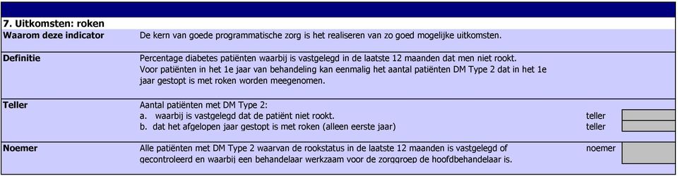 Voor patiënten in het 1e jaar van behandeling kan eenmalig het aantal patiënten DM Type 2 dat in het 1e jaar gestopt is met roken worden meegenomen. Aantal patiënten met DM Type 2: a.