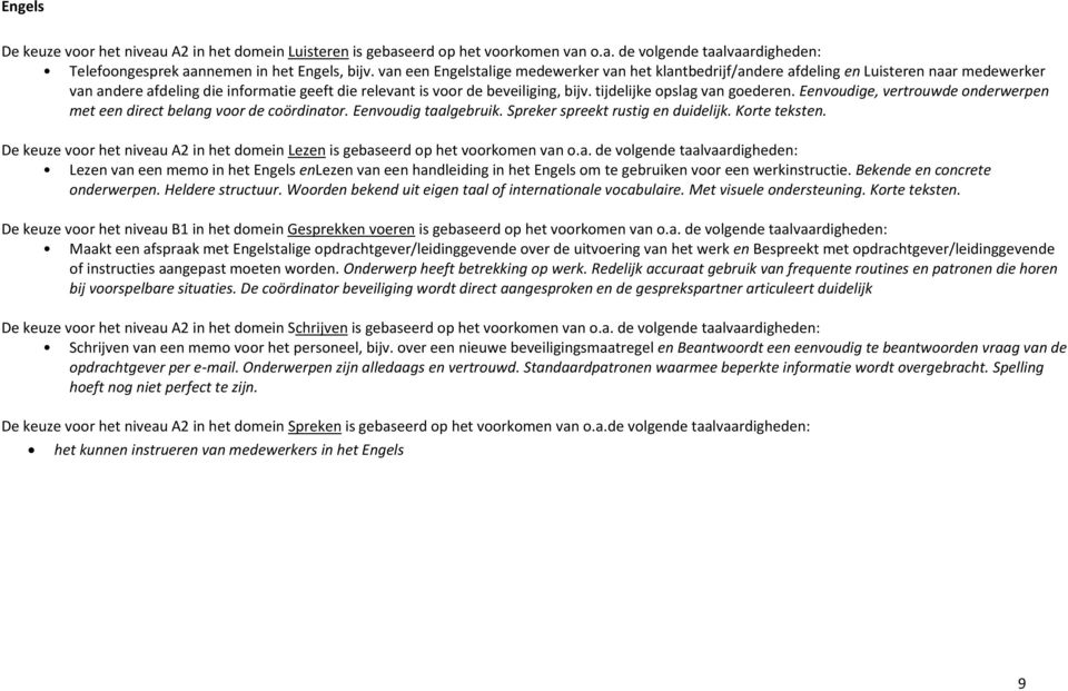 tijdelijke opslag van goederen. Eenvoudige, vertrouwde onderwerpen met een direct belang voor de coördinator. Eenvoudig taalgebruik. Spreker spreekt rustig en duidelijk. Korte teksten.