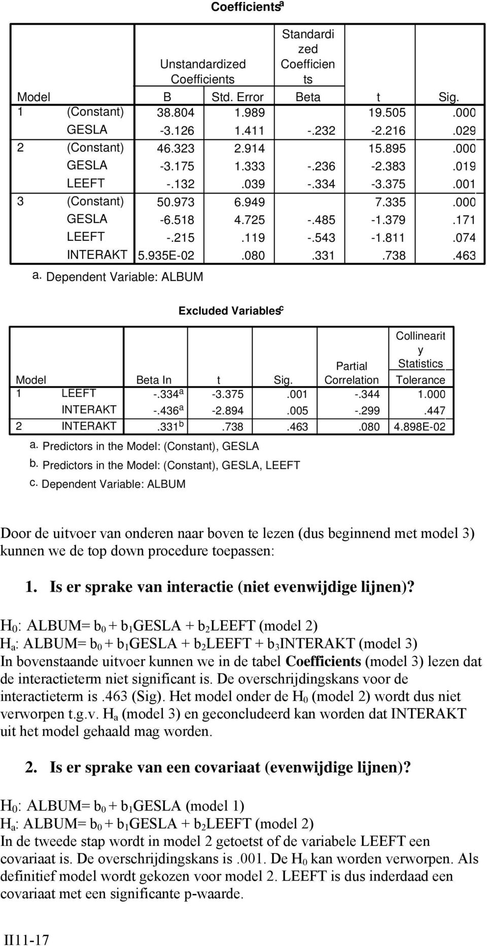 463 2 LEEFT INTERAKT INTERAKT Excluded Variables c Collinearit y Partial Statistics Beta In t Sig. Correlation Tolerance -.334 a -3.375.00 -.344.000 a. Predictors in the : (Constant), GESLA -.