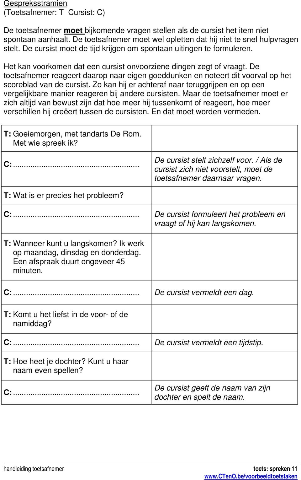 Het kan voorkomen dat een cursist onvoorziene dingen zegt of vraagt. De toetsafnemer reageert daarop naar eigen goeddunken en noteert dit voorval op het scoreblad van de cursist.